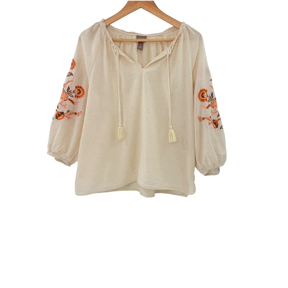 Chicos Beige Embroidered Floral‎ Tassels V Neck Boho Tunic Top Size 1